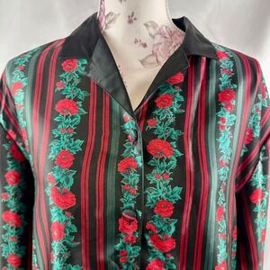 VTG 80s/90s Satin Floral‎ Blouse Women's Medium Pajama Top Red Dark Academia